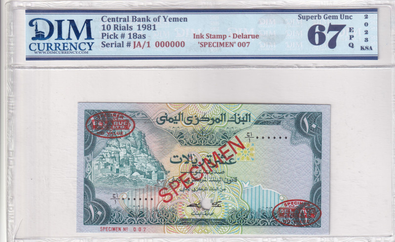 Yemen Arab Republic, 10 Rials, 1981, UNC, p18as, SPECIMEN

DIM 67 EPQ

Estim...