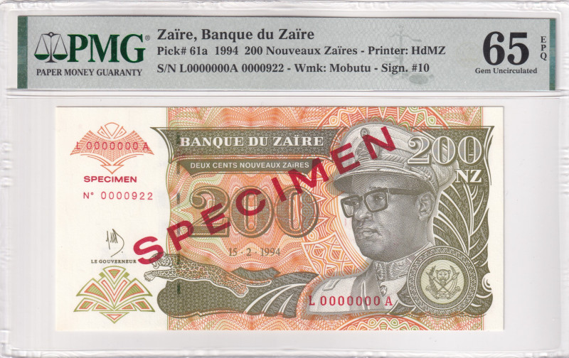 Zaire, 200 Nouveaux Zaires, 1994, UNC, p61a, SPECIMEN

PMG 65 EPQ, Banque du Z...