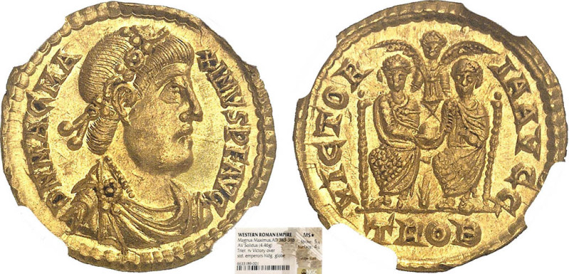 MAXIME (383-388)
Solidus : 2 empereurs assis côte à côte sur un trône, tenant u...