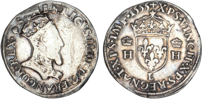 HENRI II (1547-1559)
Teston 1er type, tête couronnée
1555 L - TTB 30 (TTB-)
l...