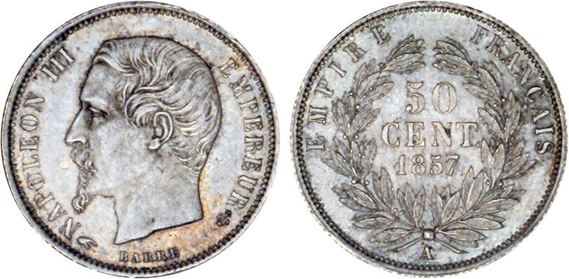 1/2 FRANC, 50 CENTIMES
50 CENT. Napoléon III, tête nue
1857 A - SPL 63 (SUP++)...