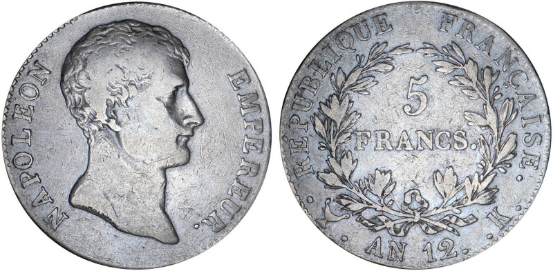 5 FRANCS
5 FRANCS Napoléon empereur (type intermédiaire)
AN12 K - TB 25 (TB++)...