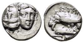 MOESIA. Istros.(4th century BC). Drachm.

Obv : Facing male heads, the left inverted.

Rev : ΙΣΤΡΙΗ.
Sea eagle left, grasping dolphin with talons...