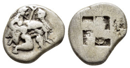 THRACE. Thasos.(Circa 500-480 BC).Drachm.

Obv : Ithyphallic satyr advancing right, carrying off protesting nymph.

Rev : Quadripartite incuse squ...