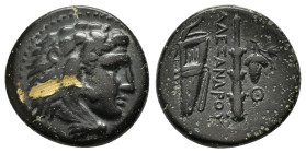 KINGS of MACEDON Alexander III the Great.(336-323 BC).Ae.

Obv : Head of Herakles right, wearing lion skin.

Rev : AΛEΞANΔPOY.
Club and bow in bo...