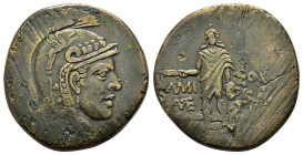 PONTOS.Amisos.Time of Mithradates VI Eupator.(Circa 105-90 or 90-85 BC).Ae.

Obv : Helmeted head of Athena right.

Rev : AMI - ΣOY.
Perseus stand...