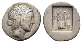 LYCIAN LEAGUE.Kragos.(circa 48-23 BC).Hemidrachm.

Obv : Λ-Υ.
Laureate head of Apollo right, wearing taenia.

Rev : K-P.
Lyre, filleted branch i...