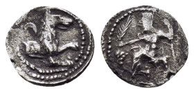 LYCAONIA.Laranda.(Circa 324-323 BC).Obol.

Obv : Baaltars seated left, holding grain ear, bunch of grapes, and scepter.

Rev : Forepart of wolf right;...