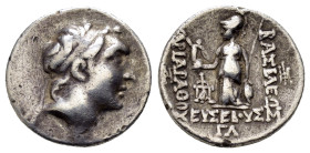 KINGS of CAPPADOCIA.Eusebeia.Ariarathes V.(Circa 163-130 BC).Eusebeia Mazaka.Drachm.

Obv : Diademed head right.

Rev : BAΣΙΛΕΩΣ APIAPAΘOY EYΣEBOY...