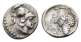 CILICIA. Soloi.(Circa 350-300 BC).Obol.

Obv : Head of Athena to right, wearing crested Corinthian helmet.

Rev : ΣOΛEΩN.
Bunch of grapes on stal...