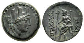 CILICIA. Tarsos.(Circa 164-27 BC). Ae.

Obv : Turreted head of Tyche right; monogram to left.

Rev : ΤΑΡΣΕΩΝ.
Zeus seated left on throne, holding...