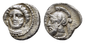 CILICIA. Tarsos. Pharnabazos.(380-374 BC). Obol.

Obv : Female head (Arethusa?) facing slightly left.

Rev : Helmeted and bearded male head (Ares?...