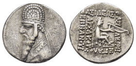 KINGS of PARTHIA. Mithradates II.(123-87 BC). Drachm.

Obv : Diademed and draped bust left, wearing tiara with star.

Rev : ΒΑΣΙΛΕΩΣ ΒΑΣΙΛΕΩΝ ΜΕΓΑ...