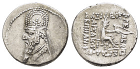 KINGS of PARTHIA. Mithradates II.(121-91 BC). Drachm. Rhagai.

Obv : Diademed and draped bust left, wearing tiara with star.

Rev : ΒΑΣΙΛΕΩΣ ΒΑΣΙΛ...
