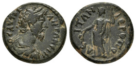 PHRYGIA. Hierapolis. Marcus Aurelius.(161-180). Ae.

Obv : ΑΥΤOΚ ΑΝΤΩΝЄΙΝΟϹ.
Laureate, draped and cuirassed bust right.

Rev : ΙЄΡΟΠΟΛЄΙΤΩΝ.
Dem...