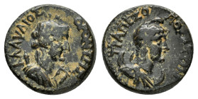 CARIA. Trapezopolis. Pseudo-autonomous.(2nd-3rd centuries).Ae.

Obv : KΛAVΔIOC OPONTHC.
Laureate head of Apollo right.

Rev : TPAΠЄZOΠOΛITΩN.
Dr...