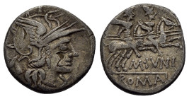M. JUNIUS SILANUS.(145 BC).Rome.Denarius.

Obv : Helmeted head of Roma right; to left, head of ass left; X (mark of value) to right.

Rev : M IVNI...