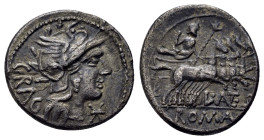 L. ANTESTIUS GRAGULUS.(136 BC). Rome.Denarius.

Obv : GRAG.
Helmeted head of Roma right; mark of value to lower right

Rev : L ANTES / ROMA.
Jup...