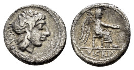 M. PORCIUS CATO (89 BC).Rome.Quinarius.

Obv : M CATO.
Head of Liber right, wearing ivy wreath.

Rev : VICTRIX.
Victory seated right on throne, ...