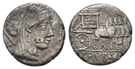 L. RUBRIUS DOSSENUS.(87 BC). Rome.Denarius.

Obv : DOS.
Veiled and diademed head of Juno right, with sceptre over shoulder.

Rev : L RUBRI.
Triu...