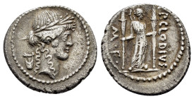 P. CLODIUS M F TURRINUS.(42 BC). Rome.Denarius.

Obv : Laureate head of Apollo right; lyre to left.

Rev : P CLODIVS / M F.
Diana Lucifera standi...