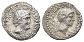 MARK ANTONY and OCTAVIAN with M. Barbatius, Ephesus (?).(41 BC)..Denarius.

Obv : M•ANT IMP•AVG III•VIR•R•P•C•M BARBAT•Q•P.
Bare head of Mark Anton...