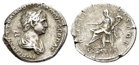 TRAJAN.(98-117).Rome.Denarius.

Obv : IMP CAES NER TRAIAN OPTIM AVG GER DAC PARTHICO.
Laureate and draped bust right.

Rev : P M TR P COS VI P P ...