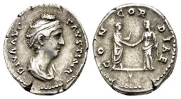 DIVA FAUSTINA I.(Died 140/1).Rome.Denarius.

Obv : DIVA AVG FAVSTINA.
Draped bust right.

Rev : CONCORDIAE.
Pius standing right, holding scroll ...
