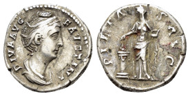 DIVA FAUSTINA I.(Died 140/1). Rome.Denarius.

Obv : DIVA AVG FAVSTINA.
Veiled and draped bust right.

Rev : PIETAS AVG.
Pietas, orans, standing ...