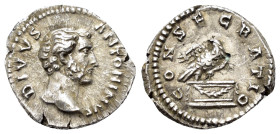 DIVUS ANTONINUS PIUS.(Died 161).Rome.Denarius.

Obv : DIVVS ANTONINVS.
Bare head right.

Rev : CONSECRATIO.
Eagle, with head left, standing righ...
