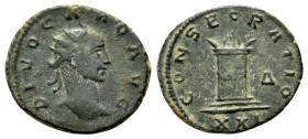 DIVUS CARUS.(Died AD 283).Antioch.Antoninianus.

Obv : DIVO CARO AVG.
Radiate head right.

Rev : CONSECRATIO / Δ//XXI.
Altar.
RIC 127.

Condi...