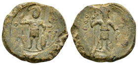 BYZANTINE ANONYMOUS LEAD SEAL.(11th Century).Pb.

Obv : St George standing, in military costume, holding a lance in his right hand and supporting a ...