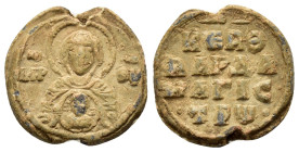 BYZANTINE LEAD SEAL of VARDAS MAGISTROS.(10th/11th Century).Pb.

Obv : Facial bust of the Mother of God Nikopoios, sigla ΜΡ-ΘV (Mother of God), dott...