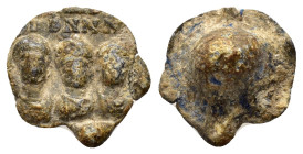 IMPERIAL CONICAL SEAL of THEODOSIUS I, ARCADIUS, and HONORIUS.(Circa 384-395).Pb.
Seemingly unpublished from this boulloterion!

Obv : Three imperi...