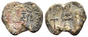 IMPERIAL LEAD SEAL of EMPEROR MAURICE TIBERIUS with VIRGIN MARY HOLDING CHRIST.(AD 582-602).Pb.

Obv : The Virgin standing facing, holding Christ as...