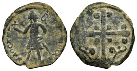 CRUSADERS.Edessa. Baldwin II. (Second reign, 1108-1118).Follis.

Obv : BΛΓΔOYINOC ΔO YΛO CTAY.
Baldwin standing left, wearing Norman helmet and coa...