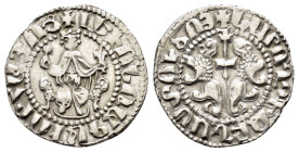CILICIAN ARMENIA.Levon I (1198-1219).Sis.Tram.

Obv : ԼԵԻՈՆ ԹԱԳ[ԱՈՐ Հ]ԱՅԻՈՑ.(Levon king of the Armenians).
King seated on throne ornamented with li...