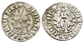 CILICIAN ARMENIA.Levon I.(1198-1219).Sis.Tram.

Obv : ԼԵԻՈՆ ԹԱԳ[ԱՈՐ Հ]ԱՅԻՈՑ.(Levon king of the Armenians).
King seated on throne ornamented with li...