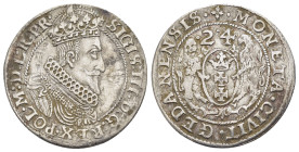 POLAND. Sigismund III Vasa.(1587-1632). Ort.

Obv : SIGIS III D G REX POL M D L R PR / 1-6.
Crowned bust right, wearing ruffled collar.

Rev : MO...