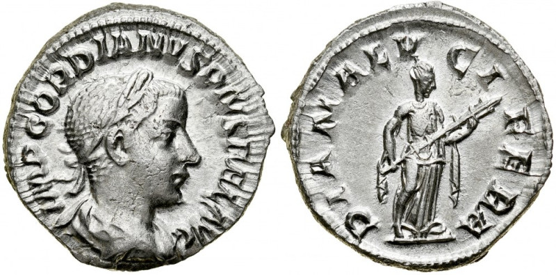 Rzym, Gordian III 238-244, Denar. DIANA LVCIFERA. Av.: Popiersie cesarza w wieńc...