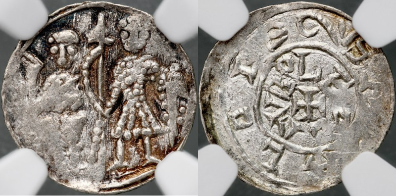 Bolesław III Krzywousty 1107-1138, Denar, Av.: Książę i Św. Wojciech, Rv.: Krzyż...