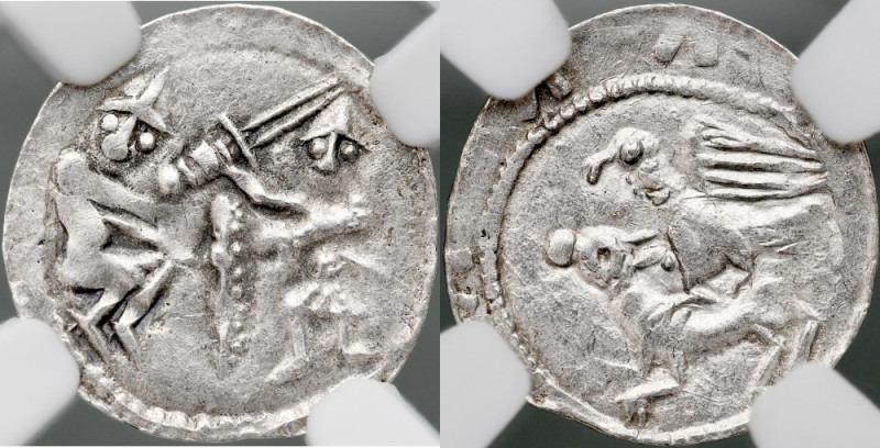Władysław II Wygnaniec 1138-1146, Denar, Av.: Książę i jeniec w hełmie!!, Rv.: O...