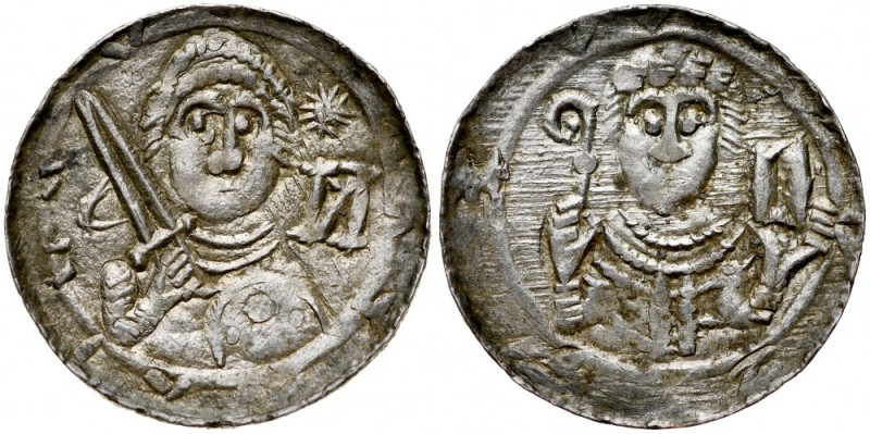 Władysław II Wygnaniec 1138-1146, Denar, Av.: Książę z mieczem i tarczą, nad nią...