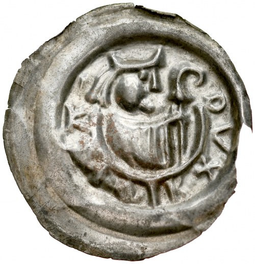 Księstwo Krakowskie, Leszek Biały 1194-1227, Brakteat, Av.: Postać biskupa w inf...