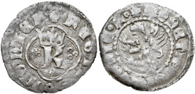 Kazimierz Wielki 1333-1370, Kwartnik ruski, Av.: Litera K w ornamencie, Rv.: Lew.