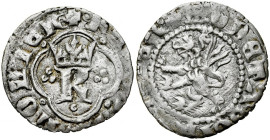 Kazimierz Wielki 1333-1370, Kwartnik ruski, Av.: Litera K w ornamencie, Rv.: Lew.