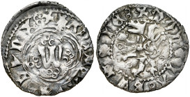 Władysław Opolczyk 1372-1379, Kwartnik ruski, Av.: Litera W w ornamencie, Rv.: Lew. Rzadki wariant z błędami legendy.