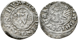 Władysław Opolczyk 1372-1379, Kwartnik ruski, Av.: Litera W w ornamencie, Rv.: Lew. Rzadki wariant z błędami legendy.