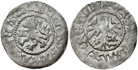 Władysław Jagiełło 1386-1434, Półgrosz lwowski, Av.: Kroczący lew, Rv.: Orzeł jagielloński. Nietypowy układ początku legendy na 6h zamiast 12h....