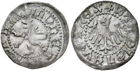 Władysław Jagiełło 1386-1434, Półgrosz lwowski, Av.: Kroczący lew, Rv.: Orzeł jagielloński. Odwrócone litery L i S.